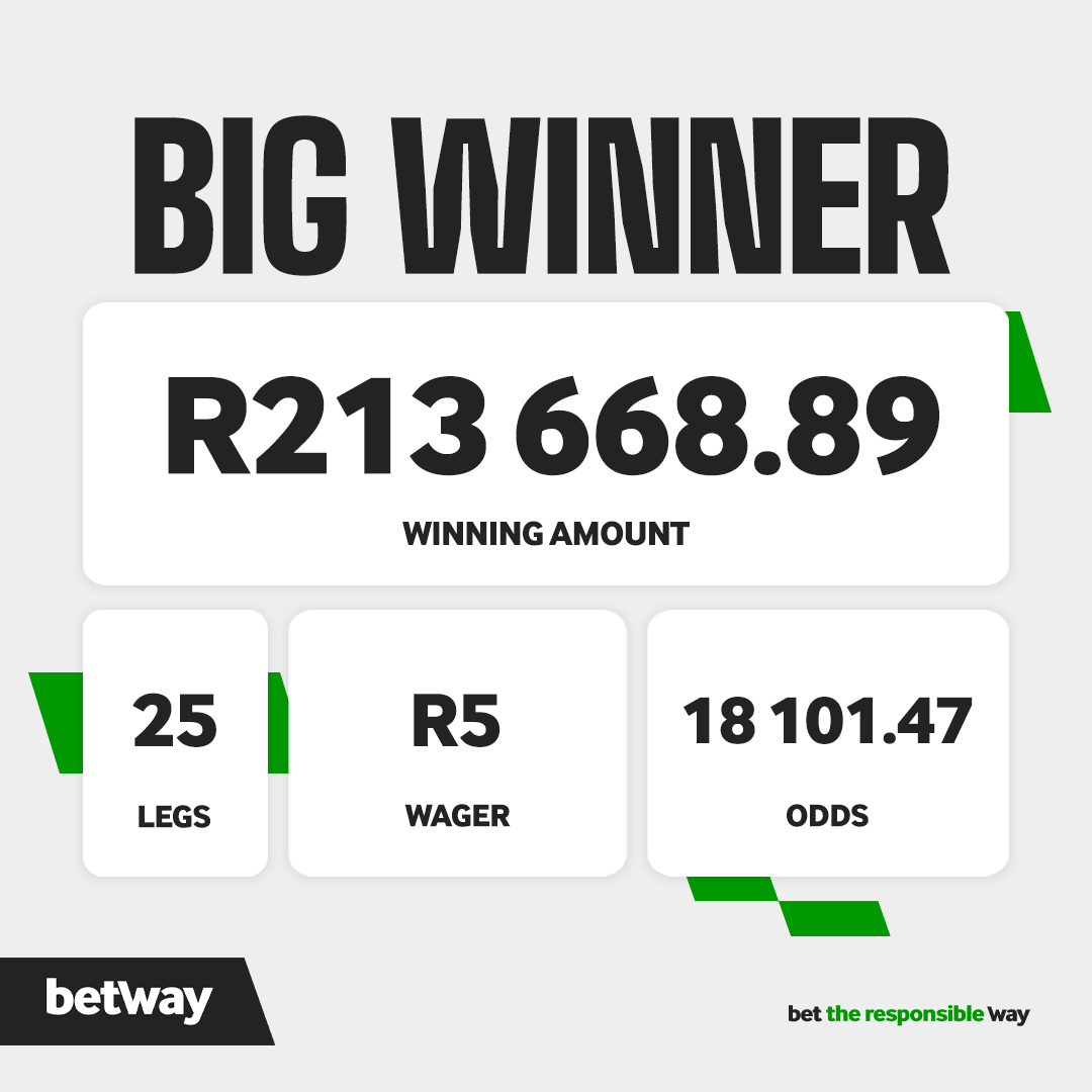 Betway_za's tweet image. BIG WINNER SPOTLIGHT! 

One lucky punter turned a R5 wager into a massive R213,668.89 win! 

With 25 legs and 18,101.47 odds, this is what betting brilliance looks like!

 Have you ever hit a multi-leg bet like this?

Bet the responsible way with Betway

BetwaySquad