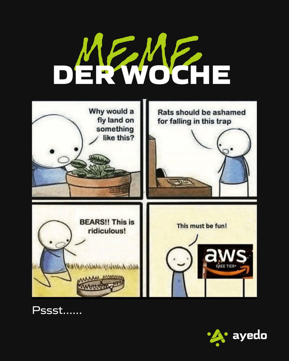 “Kostenlos” hat seinen Preis. 💸
Willkommen im AWS Free Tier – wo die Falle schon auf dich wartet.
#MemeDerWoche #CloudKosten #AWSFail #TechHumor #ayedo