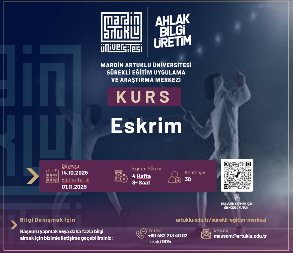Sürekli Eğitim Uygulama ve Araştırma Merkezimizde  Eskrim Kursu başlıyor.
<a href="/ibrahimozcosar/">ibrahim özcoşar</a>
<a href="/mardinartuklu/">Mardin Artuklu Üniversitesi</a>
<a href="/DiriozMustafa/">Mustafa Diriöz</a>