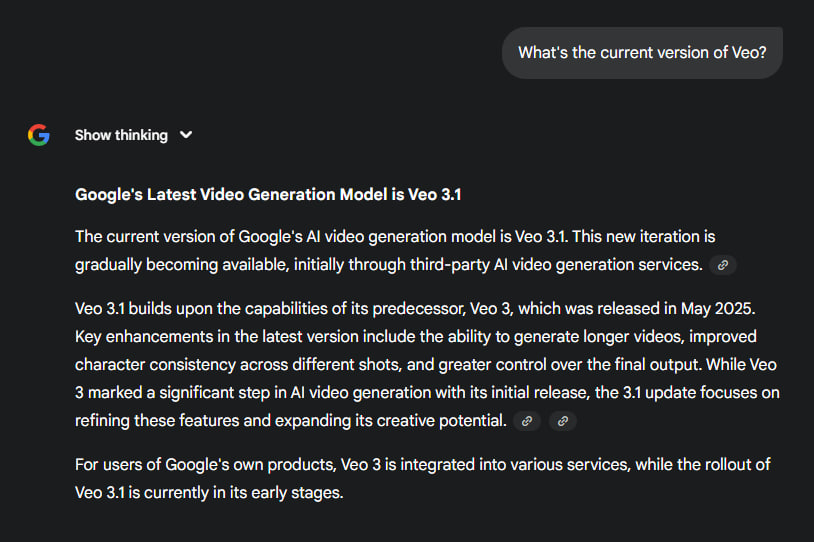 From what we're seeing online, the Google Veo 3.1 rollout has begun.

Key improvements (what should have been there from the start):

* Video duration increased from 8 to 30 seconds
* Multi-prompting
* 1080p resolution
* Keyframes
* Enhanced character consistency
*