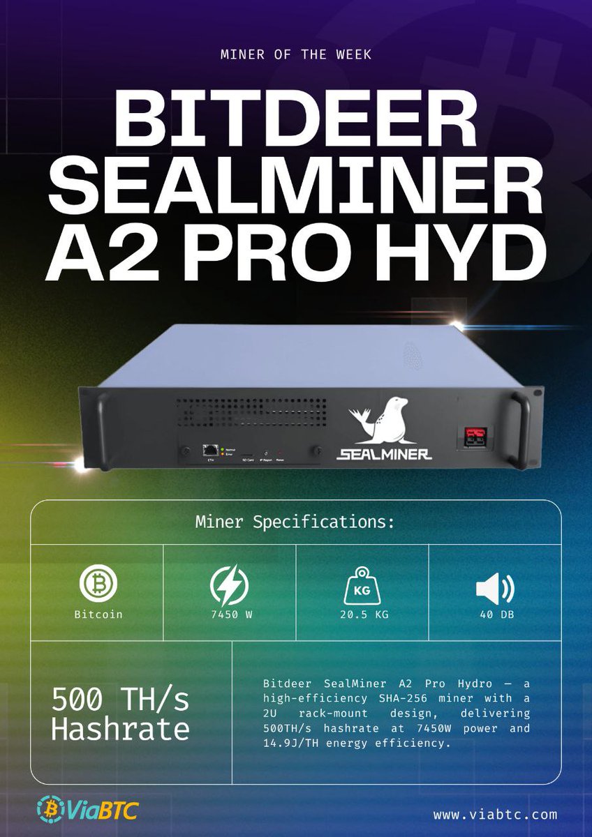 🚀 Miner of the Week | Bitdeer SealMiner A2 Pro Hyd 500 TH/s performance.  14.9 J/Th efficiency. Liquid-cooled for peak stability and power. 💧  #ViaBTC #CryptoMining #Bitcoin