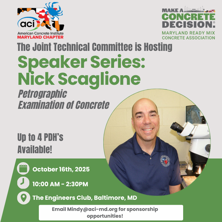MDChapterACI's tweet photo. 📢 Maryland Chapter ACI Speaker Series is back!

Join Nick Scaglione for a deep dive into the Petrographic Examination of Concrete. 
🎓 PDHs available | Free for gov’t agencies

Register: https://t.co/3APAGM6Duu

#ACIMarylandChapter #ConcreteEducation #Petrography https://t.co/VH8xMklwyC