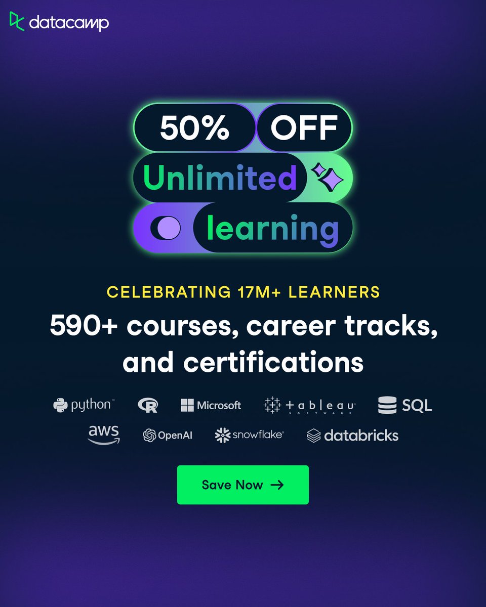 DataCamp's tweet image. 66K+ certifications. 1.4M projects. 15.5M courses.
Every number tells the same story: learners building skills that last.
Celebrate 17M learners with 50% off unlimited learning.
👉 ow.ly/9Imt50X94W7