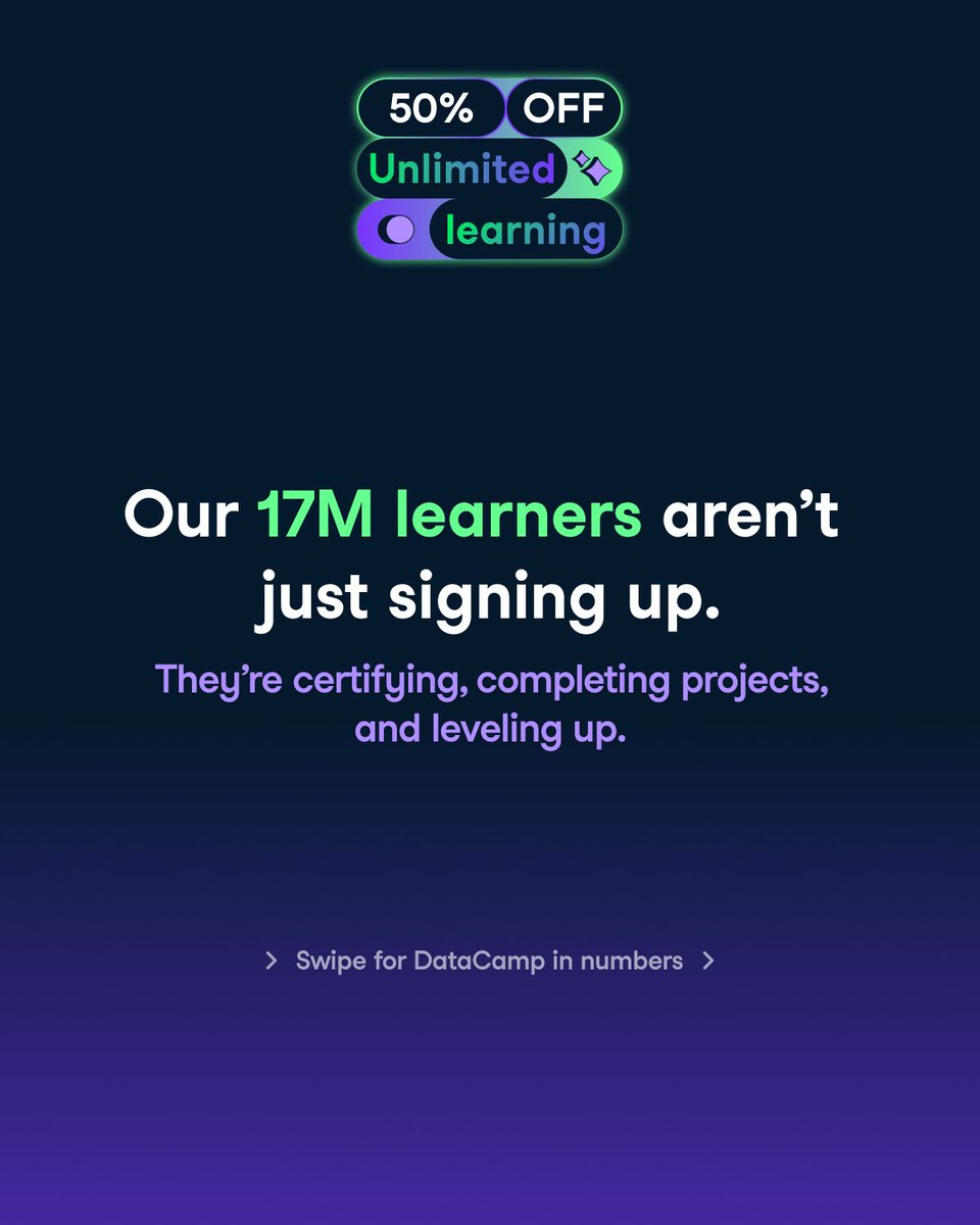 DataCamp's tweet image. 66K+ certifications. 1.4M projects. 15.5M courses.
Every number tells the same story: learners building skills that last.
Celebrate 17M learners with 50% off unlimited learning.
👉 ow.ly/9Imt50X94W7