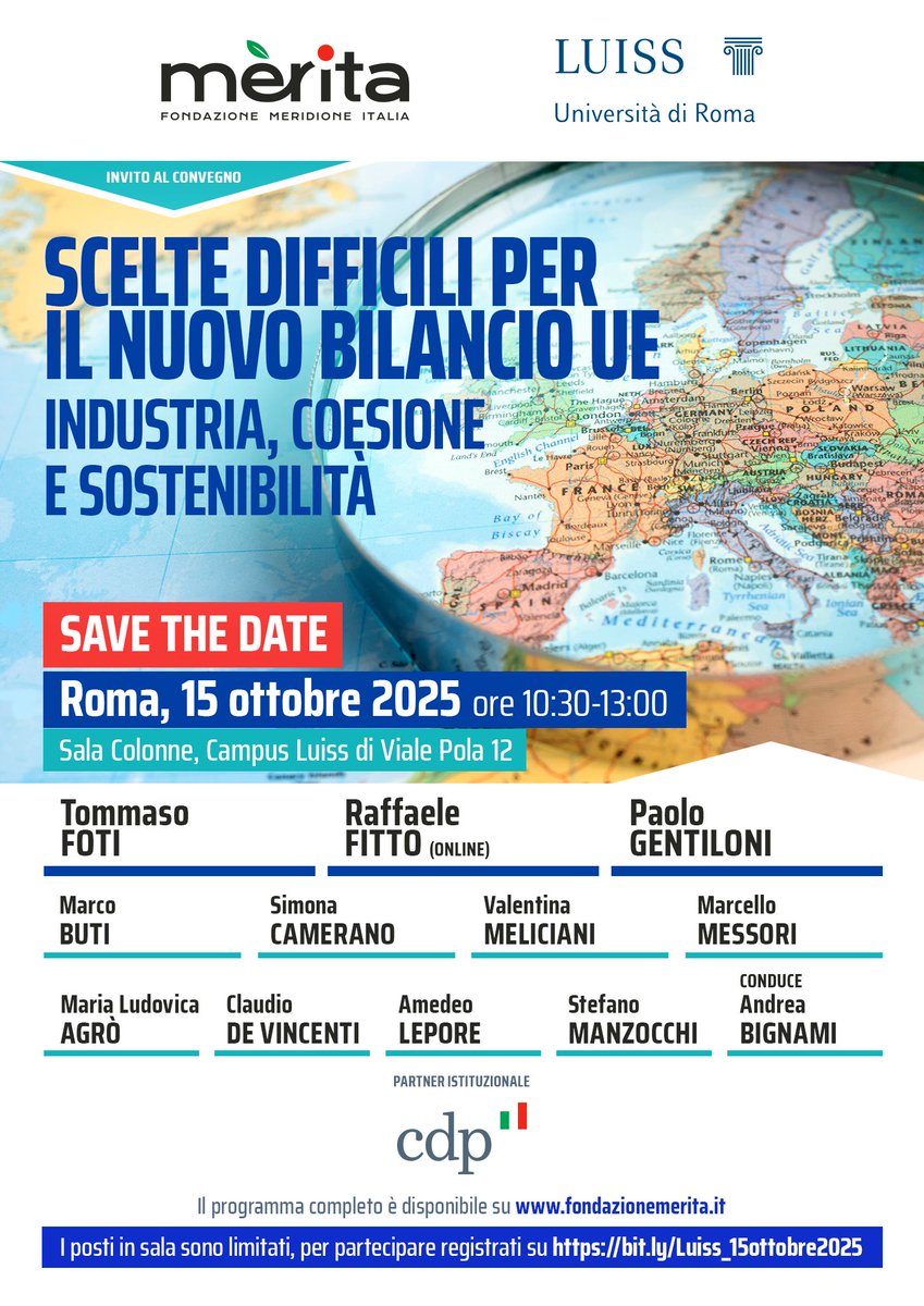 Domani 15 ottobre, dalle 10:30 alle 13:00, il convegno “Scelte difficili per il prossimo bilancio UE”, presso la Sala Colonne <a href="/UniLUISS/">Luiss Guido Carli</a> di Viale Pola 12, Roma. Interverranno, tra gli altri, <a href="/TommasoFoti/">Tommaso Foti</a>,  <a href="/RaffaeleFitto/">Raffaele Fitto</a> e <a href="/PaoloGentiloni/">Paolo Gentiloni</a> 

Per partecipare: bit.ly/Luiss_15ottobr…