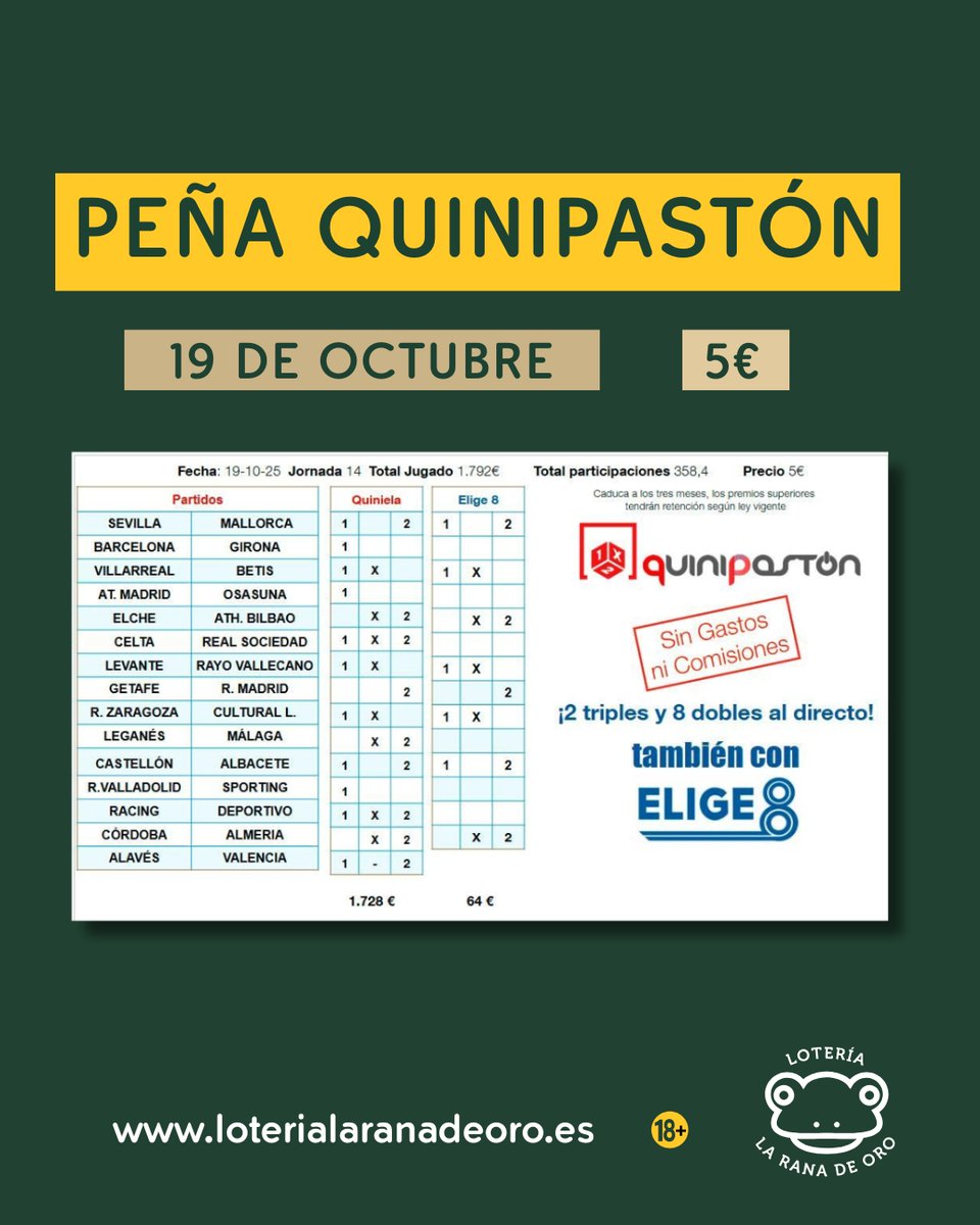 Unete a la Peña Quinipastón de la Quiniela de La Rana de Oro! 🐸💰

Este 19 de Octubre tienes una cita con la suerte y el fútbol. ⚽️⚽️⚽️ 

#loteria #loteriasyapuestas #laranadeoro #loteriaslaranadeoro #peña #peñaquiniela #quiniela #laquiniela