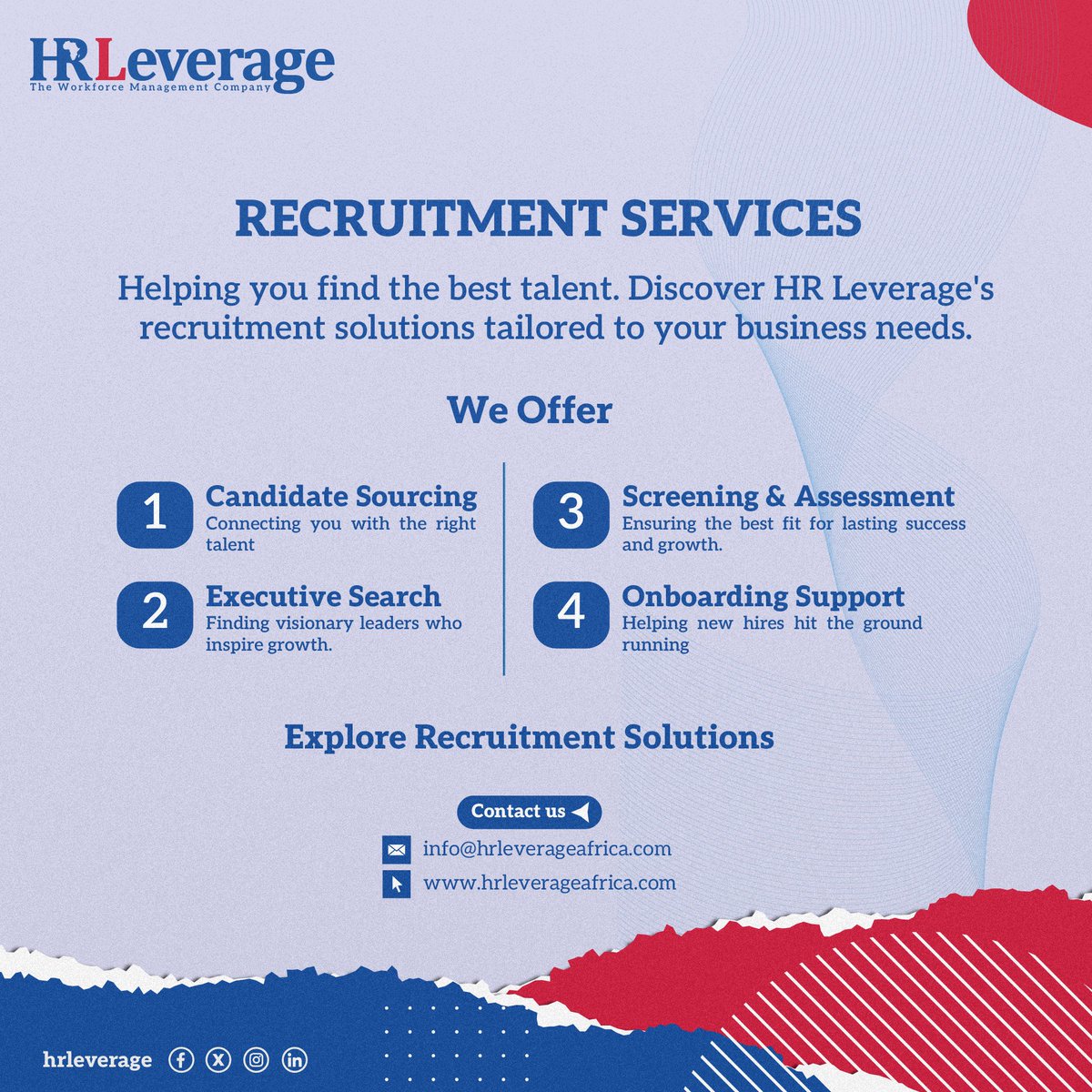 HRLAfrica's tweet photo. Great businesses are not built by chance but great people. From recruitment to HR outsourcing, compliance, onboarding.. We handle the people, so you can focus on growth.
Let HRLeverage be your strategic HR partner.
#HRLeverage #RecruitmentSolutions#HROutsourcing#BusinessGrowth https://t.co/aYvTLx1Kdu