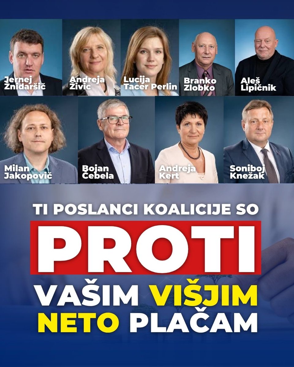 [‼️ DELITE OBJAVO ‼️]
Ti poslanci vladne koalicije so danes na Odboru za finance glasovali ❌ proti višjim neto plačam za ljudi. #sramota 

💬 Namesto da bi razbremenili plače in pomagali ljudem, so rekli NE dvigu splošne olajšave. 😡 Več denarja za državo, manj za državljane.