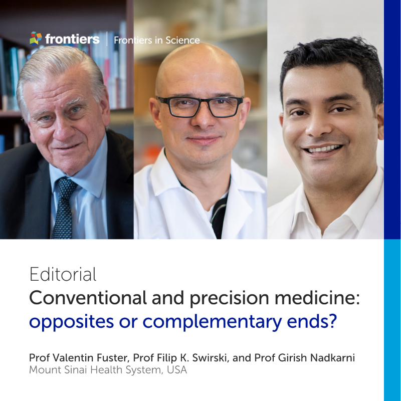 FrontScience's tweet photo. The strength of future cardiovascular medicine lies in balancing broad population-based strategies and personalized care. 

-Valentin Fuster, @SwirskiLab, and @girish_nadkarni of @MountSinaiNYC in a new editorial in Frontiers in Science. Read more ⬇️