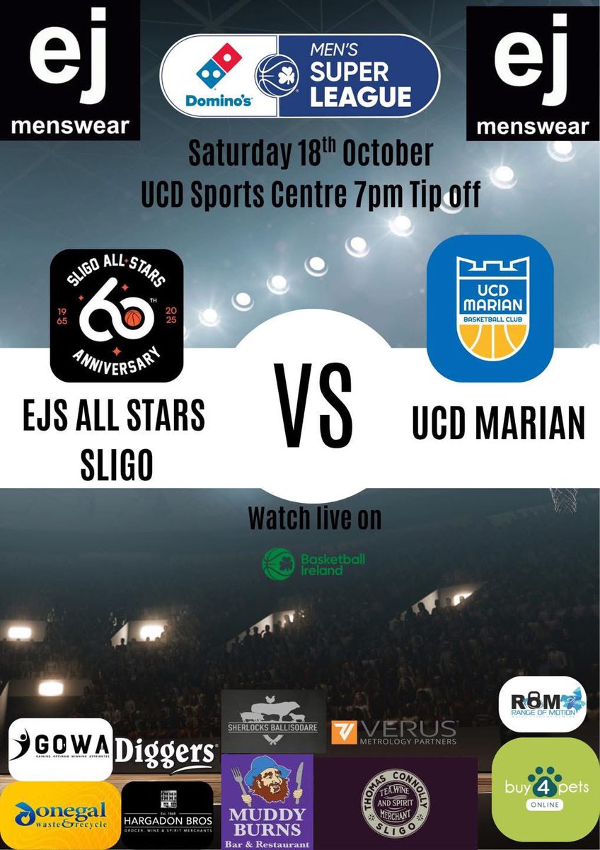 💥SUPERLEAGUE AWAY GAME💥

🏆 <a href="/Dominos_ROI/">Domino's Pizza ROI</a> Men’s Superleague
🆚 <a href="/UCDMarian/">UCD Marian</a> 
📆 Saturday 17th October
🏟️ @UcdSportsClubs 
🏀 7pm
📻 @OceanFmSport
📺 LIVE on BasketballIreland.tv
📲 LIVE Stats on @SwishLive App

🤵‍♂️@Ejmenswear |🐶<a href="/Buy4PetsOnline/">Buy4PetsOnline</a>