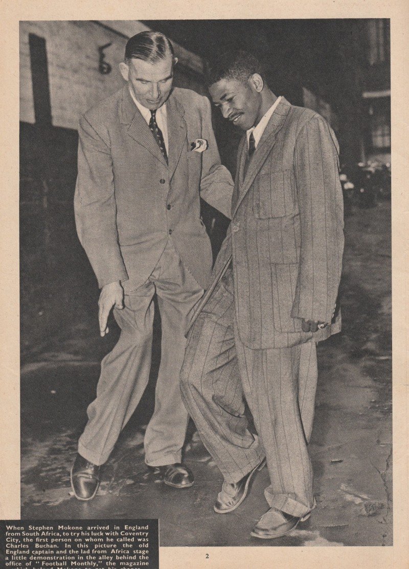 HistorySAZAR's tweet image. South African footballer Steve Mokone with English footballer Charles Buchan, c 1950s. Image Source: Barnsley Chronicle