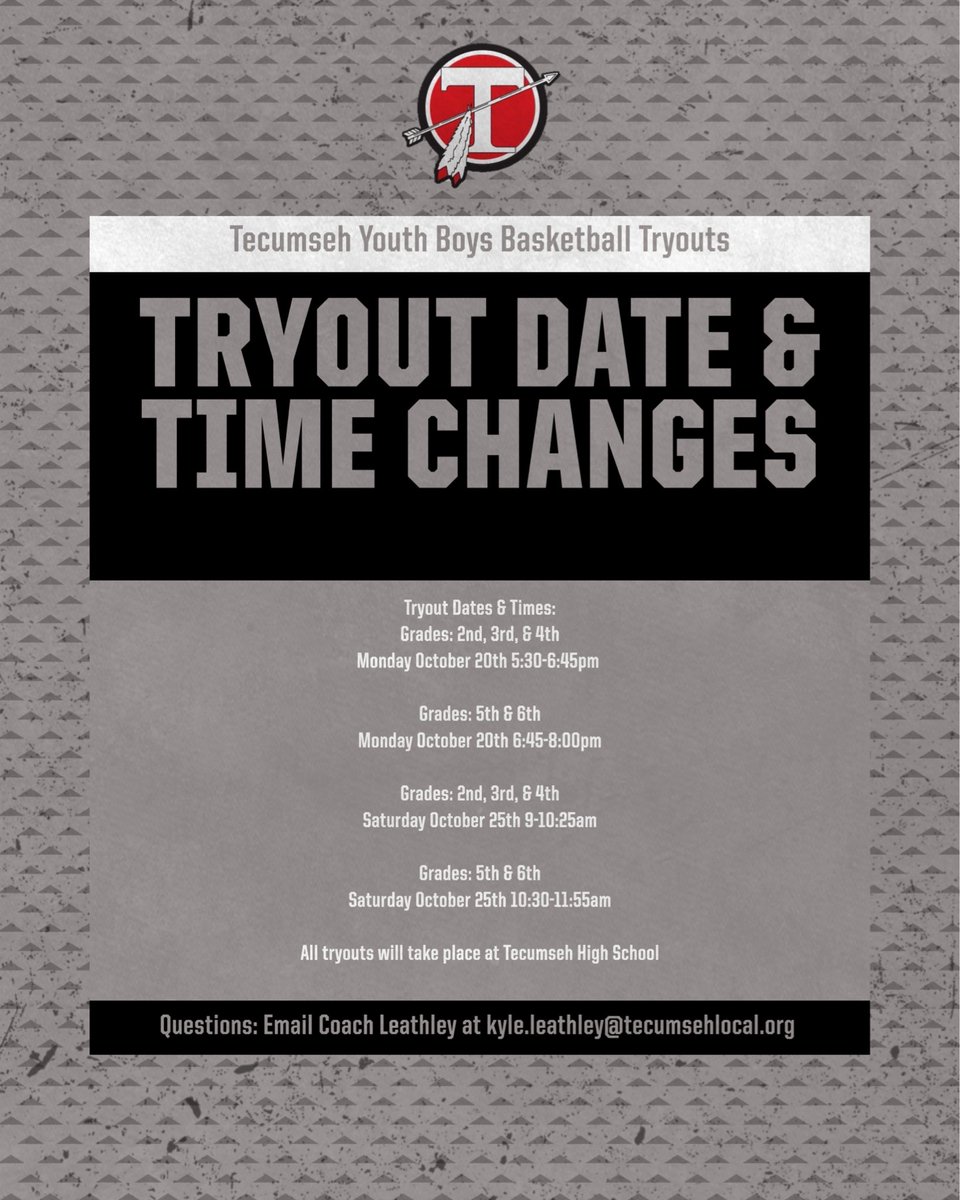 Tecumseh Boys Youth Basketball Tryout Time Changes: