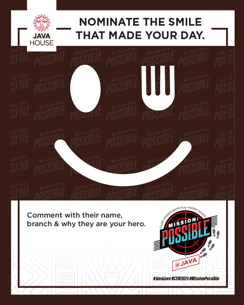 javahouseafrica's tweet image. Some heroes wear aprons. Others carry trays. But all of them
carry heart. We are celebrating the Java stars who make every visit unforgettable, the ones who serve warmth, joy, and care with every cup. Nominate your favourite service hero in the comments by
sharing: