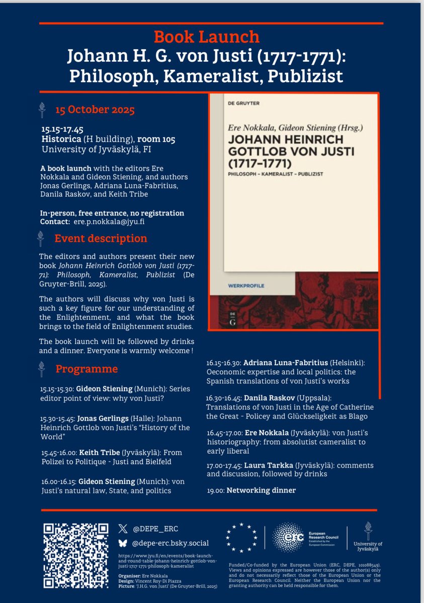 Join us in person tomorrow in Jyväskylä (15:15-17:45, room H105) for our book launch event of « Johann H. G. von Giusti (1717-71): Philosoph, Kameralist, Publizist » with a distinguished panel of 8 speakers from Munich, Halle, Uppsala, Helsinki &amp; JKL👇 jyu.fi/en/events/book…