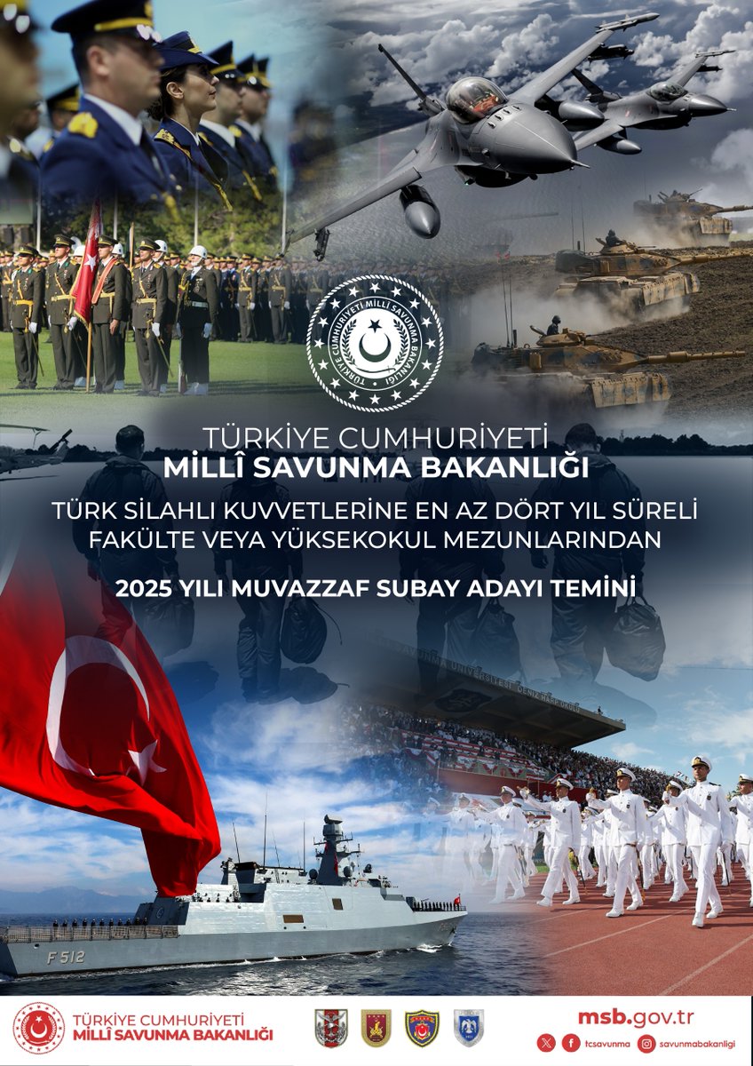 Collage image showing groups of military officers in formal uniforms standing in formation, a fighter jet in flight against a cloudy sky, a naval ship on water with personnel on deck, the red Turkish flag waving, official emblems including the crescent moon and star, and overlaid Turkish text announcing the 2025 permanent officer candidate recruitment from faculty graduates for the Turkish Armed Forces, with website and ministry logos at the bottom.