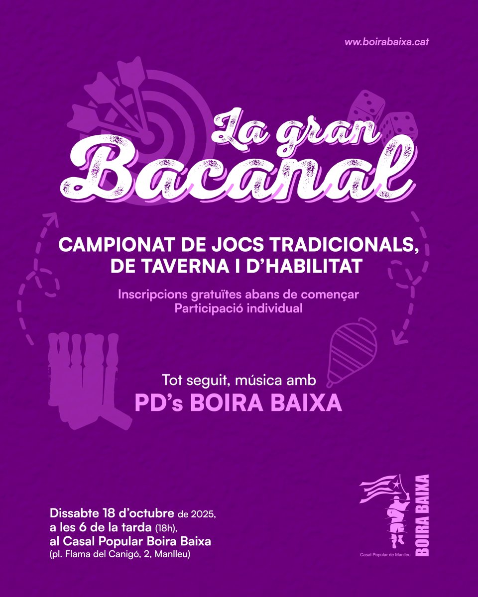 🎳 LA GRAN BACANAL: campionat de jocs tradicionals, de taverna i d'habilitat! 🎯

🗓️ Dissabte 18 d'octubre, a les 18h, al Boira Baixa.

✏️ Inscripcions abans de començar. Gratuïtes, individuals i restringides a majors de 16 anys.

🪩 Tot seguit, musiqueta! 🕺🏻