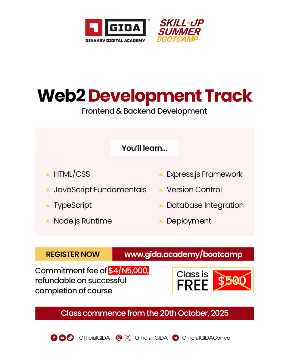 Official_GIDA's tweet photo. With the Skillup Summer Bootcamp incoming, curious what will be taught across the 6 tracks? 🤔

We’ve prepared 6 slides to keep you informed on plans for:

- Web2 (Frontend/backend).
- Web3 Smart contract dev (Cairo 3.0).
- UI/UX design.
- Graphics design. https://t.co/BR1EFDqeyP