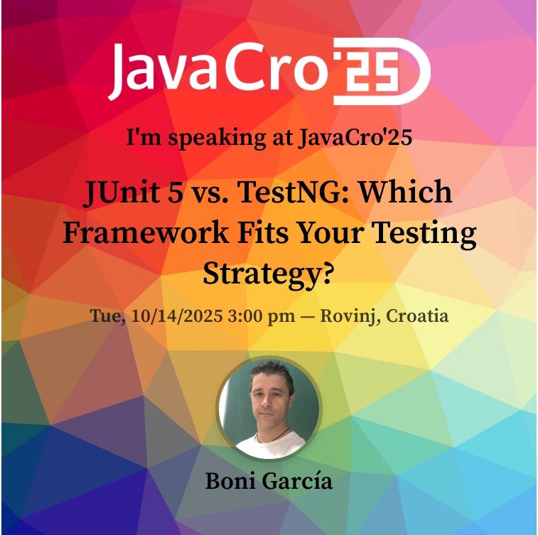 boni_gg's tweet image. Today I'm giving another talk at #JavaCro25: "JUnit vs. TestNG: Which Framework Fits Your Testing Strategy?"
📊 Slides: bonigarcia.dev/slides/2025-Ja…
📖 Story: medium.com/@boni.gg/junit…
#JavaCro #JUnit #TestNG #Testing #Java