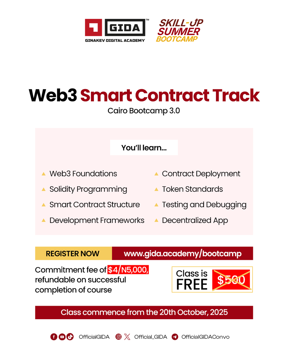 Official_GIDA's tweet photo. With the Skillup Summer Bootcamp incoming, curious what will be taught across the 6 tracks? 🤔

We’ve prepared 6 slides to keep you informed on plans for:

- Web2 (Frontend/backend).
- Web3 Smart contract dev (Cairo 3.0).
- UI/UX design.
- Graphics design. https://t.co/BR1EFDqeyP