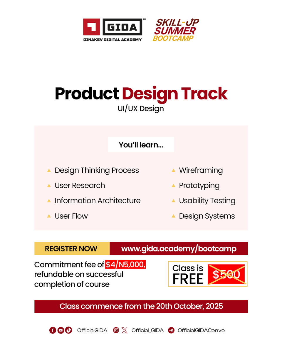 Official_GIDA's tweet photo. With the Skillup Summer Bootcamp incoming, curious what will be taught across the 6 tracks? 🤔

We’ve prepared 6 slides to keep you informed on plans for:

- Web2 (Frontend/backend).
- Web3 Smart contract dev (Cairo 3.0).
- UI/UX design.
- Graphics design. https://t.co/BR1EFDqeyP