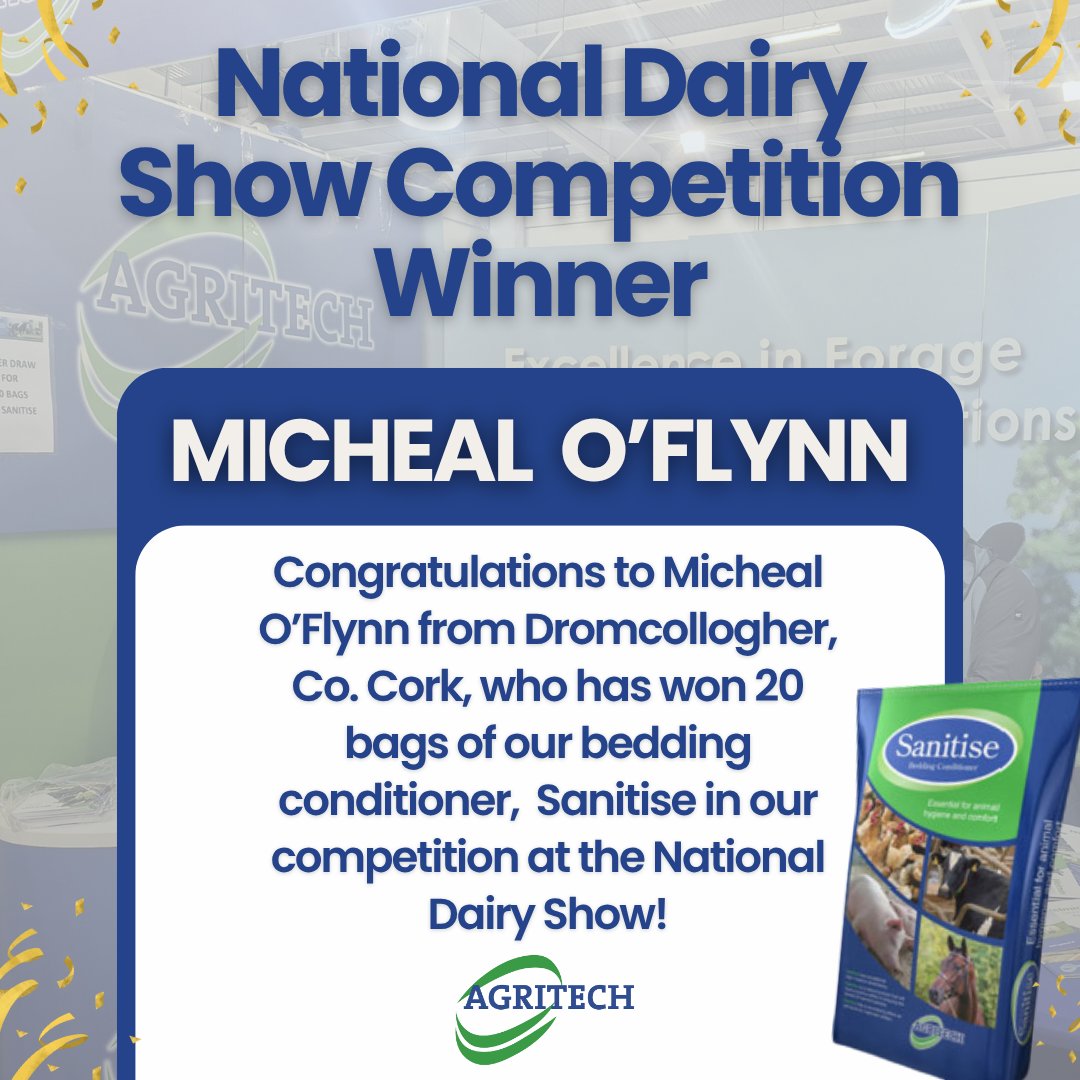 Big congratulations to Micheal O’Flynn from Dromcollogher, Co. Cork, who has won 20 bags of our bedding conditioner, Sanitise in our competition at the <a href="/Nat_DairyShow/">National Dairy Show</a>! 🎉🏆🐄

Thanks to everyone who took part and dropped by to our stand to say hello!

#NationalDairyShow