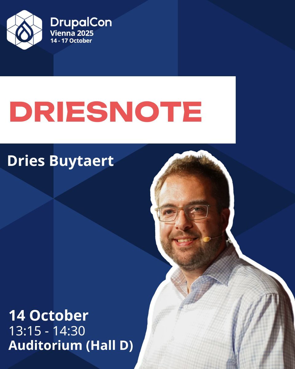 DrupalConEur's tweet image. 🎉 It’s time for the #Driesnote!
📅 Today, 15 October 2025
🕐 13:15 CEST
📍 Auditorium (Hall D)
Join the live stream here 👉 buff.ly/AdLsIoL 
Get ready for insights, inspiration, and a vision for the future of Drupal 🚀
#DrupalConVienna #DrupalCommunity #Drupal