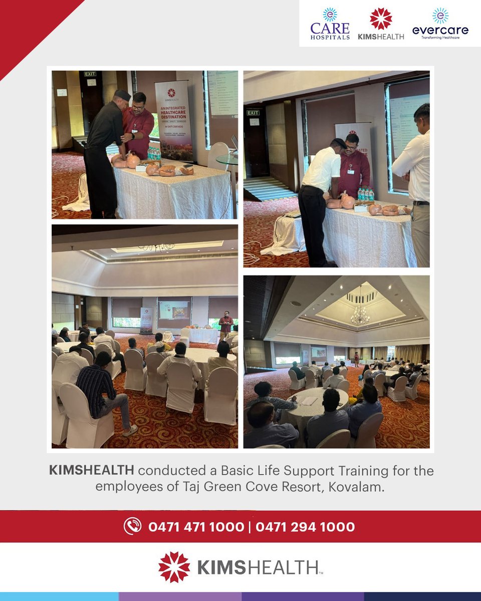 hospital_kims's tweet image. KIMSHEALTH conducted a Basic Life Support Training for the employees of Taj Green Cove Resort, Kovalam.

#KIMSHEALTH #BasicLifeSupport #BLSTraining #LifeSavingSkills #EmergencyCare #TajGreenCove #Kovalam #HealthcareTraining #WorkplaceSafety #BLSAwareness