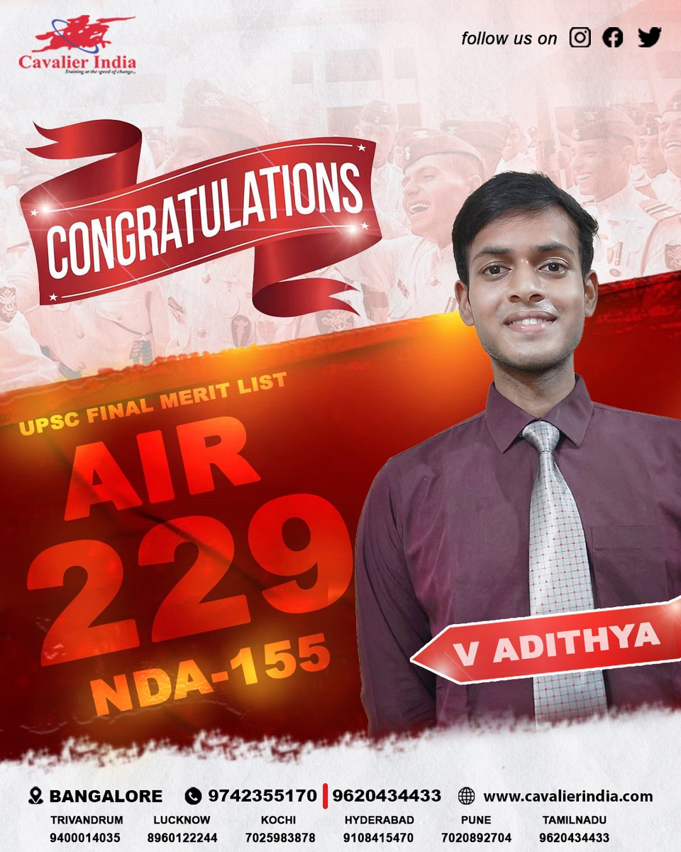 cavalierindia93's tweet image. Congratulations to our student, V Adithya, for securing an impressive AIR 229 in the UPSC Final Merit List for NDA 155!
.
📍 Reserve your spot now - Register at:
📞 Call: 9742355170 / 9620434433
#NDA #NDA155 #UPSC #UPSCResults #SSB #SSBInterview #DefenceAspirant #NDAAspirant