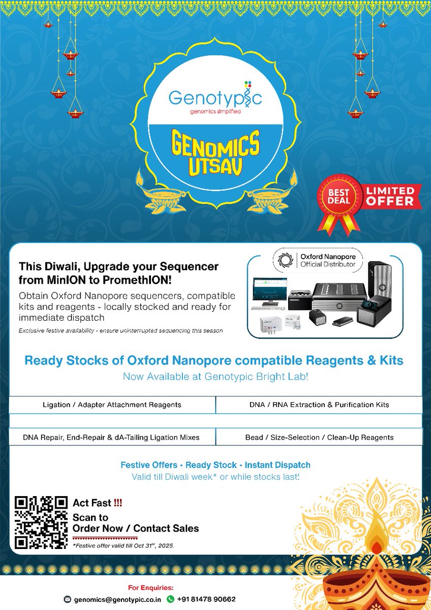 GenotypicTech's tweet image. Ready Stocks - Instant Dispatch - Festive Offers!
Upgrade from MinION to PromethION or stock up on @nanopore compatible kits.
Fill your order request here bit.ly/4ha4Arv
Offer valid till Oct 31st or while stocks last!