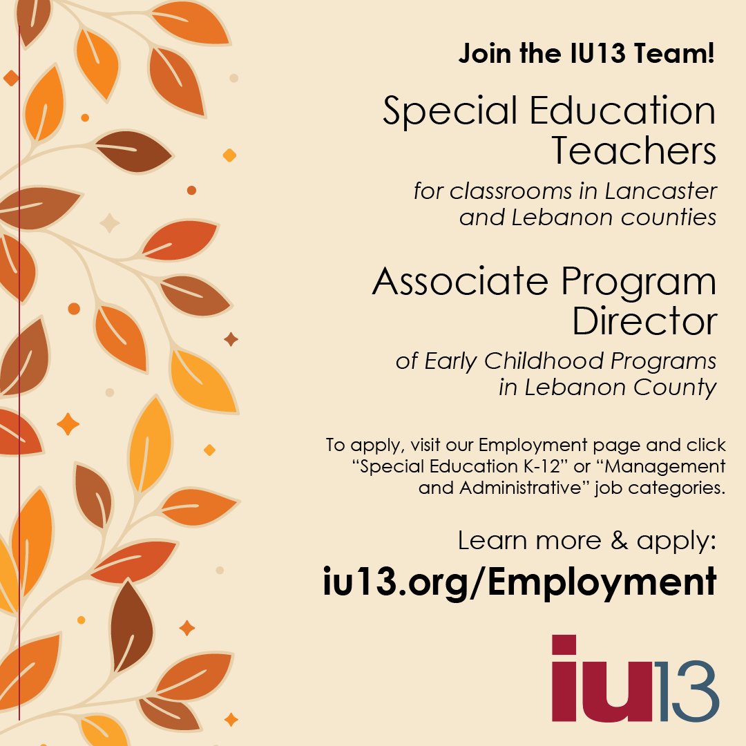 Now hiring positions in special education:
🍎 Special Ed Teachers in Lancaster &amp; Lebanon counties
💼 Assoc. Program Director – Early Childhood Programs in Lebanon County
🔗 Apply: hubs.li/Q03Lv_Y_0
➡️ Choose “Special Ed K-12” &amp; “Management &amp; Administrative”