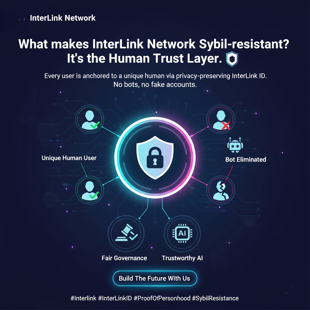 AbelT93723's tweet image. What makes Interlink Network Sybil-resistant? It&apos;s the Human Trust Layer. 🛡️

Every user is anchored to a unique human via privacy-preserving Interlink ID. No bots, no fake accounts.
 Build the future with us.

#Interlink #InterLinkID #ProofOfPersonhood #ITLG #ITL