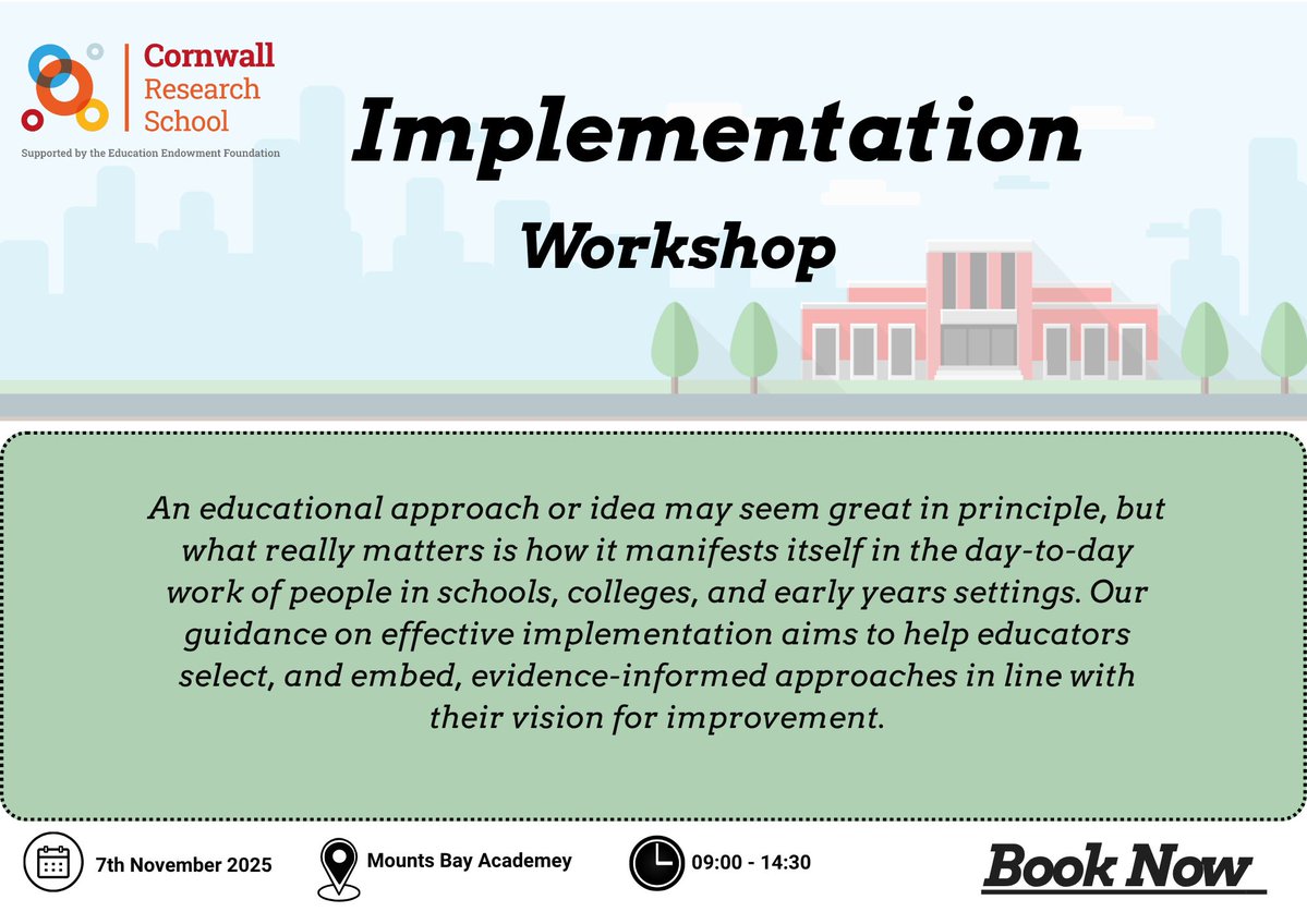 Cornwall Research School (@rsncornwall) on Twitter photo Join Cornwall Research School's online webinar or in-person workshop (or both) to delve into effective implementation. Enhance your skills in selecting and applying evidence-based strategies aligned with your vision for progress. #EducatorInsights #TeachingSuccess Join Cornwall Research School's online webinar or in-person workshop (or both) to delve into effective implementation. Enhance your skills in selecting and applying evidence-based strategies aligned with your vision for progress. #EducatorInsights #TeachingSuccess
