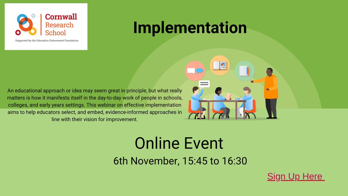 RSNCornwall's tweet image. Join Cornwall Research School&apos;s online webinar or in-person workshop (or both) to delve into effective implementation. Enhance your skills in selecting and applying evidence-based strategies aligned with your vision for progress. #EducatorInsights #TeachingSuccess