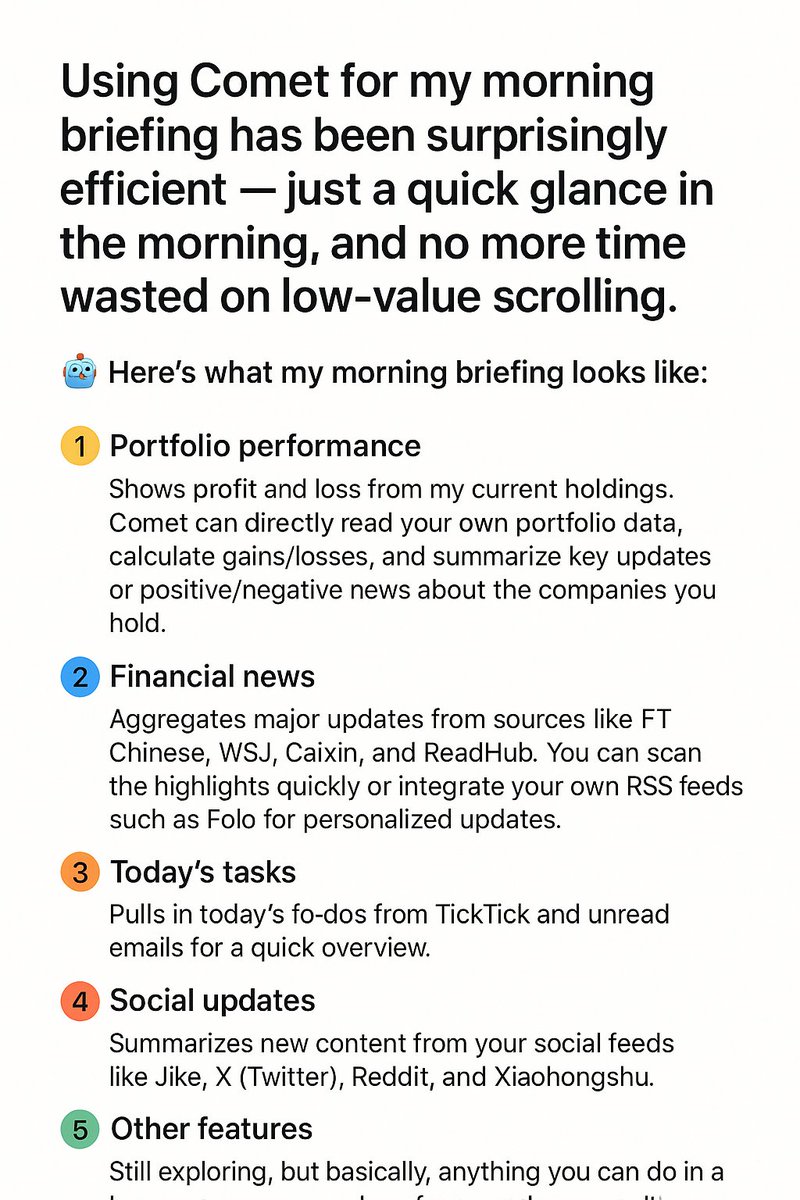 lzygogo0912's tweet image. using Comet for my morning briefing has been surprisingly efficient — just a quick glance in the morning, and no more time wasted on low-value scrolling.
🤖 Here’s what my morning briefing looks like👇 #Comet #Agent #perplexitycomet