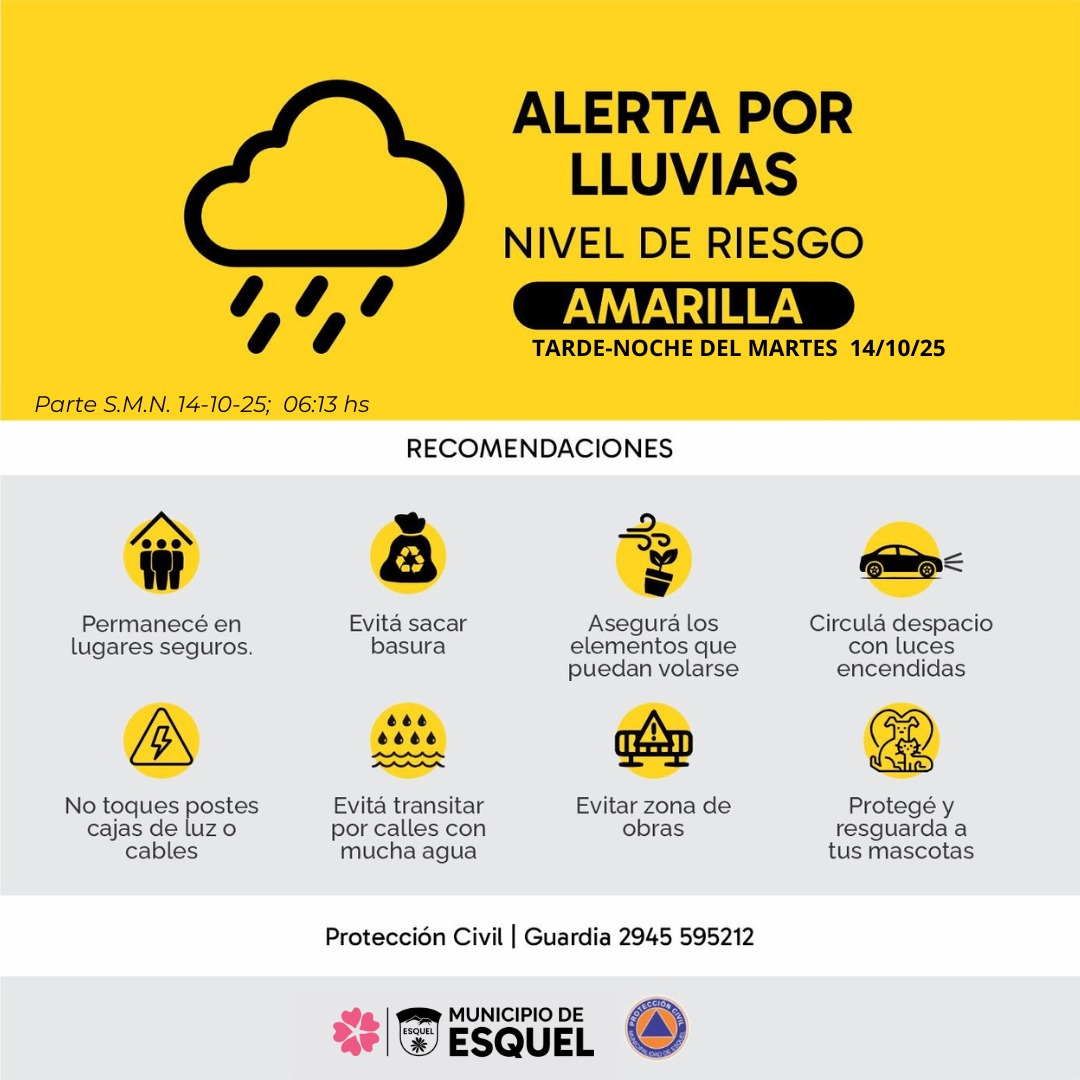 Protección Civil Municipal informa que rige un alerta AMARILLA por LLUVIA, emitido por el Servicio Meteorológico Nacional prevista para la TARDE - NOCHE del día martes 14 de octubre.
