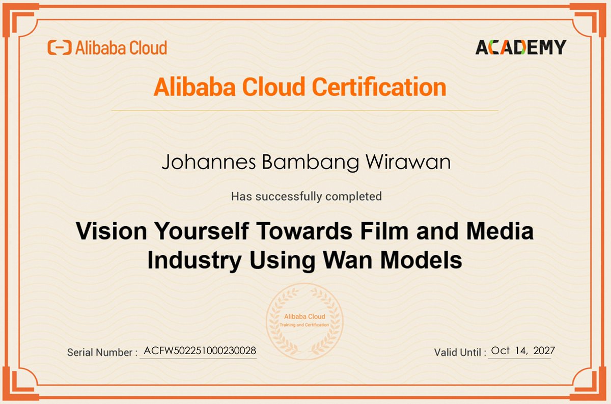 johannesbambang's tweet image. 🎉 Certified in Wan Models for Film & Media (ACFW502) from @Alibaba_Cloud!
🎥 AI video | 🤖 Avatars | 🎙️ Voice sync | ✨ AI editing
Serial: ACFW502251000230028
The future of film is human + AI. Let’s create it! 🚀
#WanModel #AI #AIGC #FilmTech #AlibabaCloud #Certified 🎬🤖