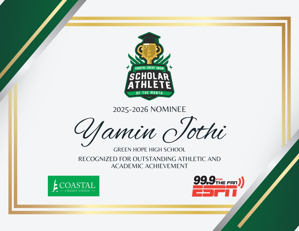 Honored to be named the 99.9 The Fan ESPN Radio Scholar Athlete the Month‼️

Grateful for the support of my coaches, teachers, teammates, and family. 
<a href="/999TheFan/">99.9 The Fan</a> <a href="/CoachMMJohnson/">Coach Mitch Johnson</a> <a href="/Coach_b_j/">Coach BJ Harrington</a> <a href="/GHHSSports/">Green Hope Athletics</a> <a href="/Ms_Cleveland/">Alison Cleveland</a>
