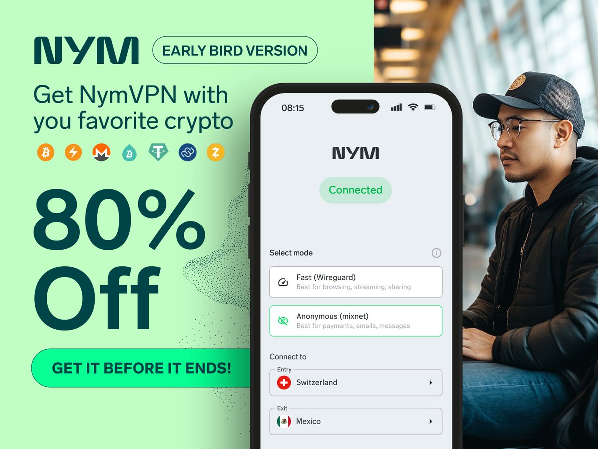 nym's tweet image. 💥Last and final chance for Early Bird promo
🔒80% off all plans
🌀The cheapest NymVPN will ever be
➡️nym.com/pricing?mtm_ca…