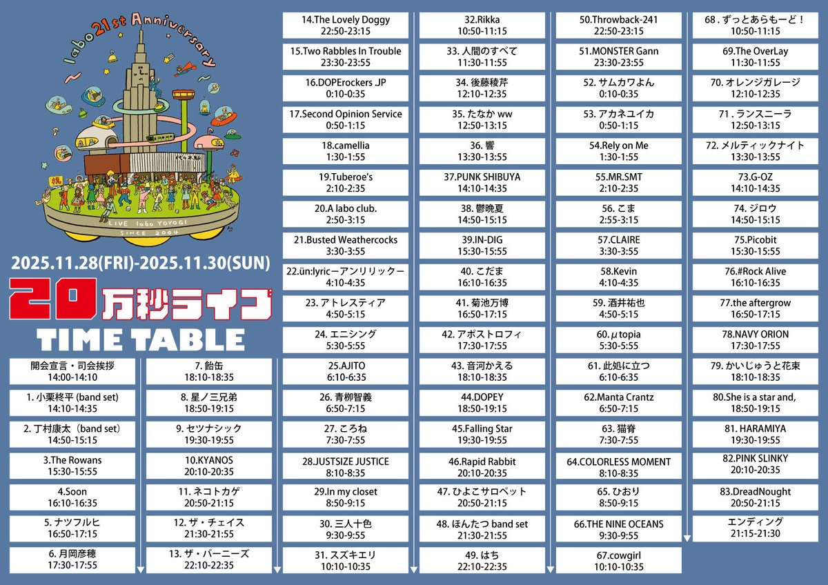 【20万秒ライブタイムテーブル公開】

2025.11.28(FRI)-2025.11.30(SUN)で開催する20万秒ライブのタイムテーブルを解禁！

==
OPEN 13:30 / START 14:00
TICKET ￥2,400(1D別￥600)
※深夜帯(24:00～5:00)の時間はIDチェックが必要になります。
==

よろしくお願いします！