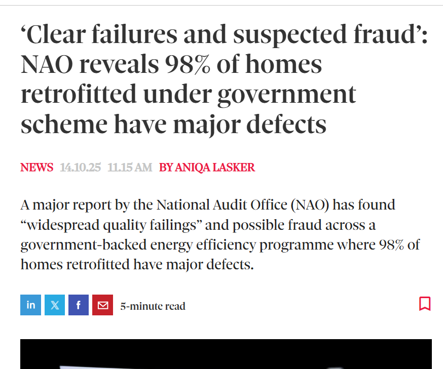 Remember taking quite a lot of flack from people when I said that 'insulate Britain' was a bad idea without sorting out the major quality issues with retrofit work. Well... 

insidehousing.co.uk/news/clear-fai…