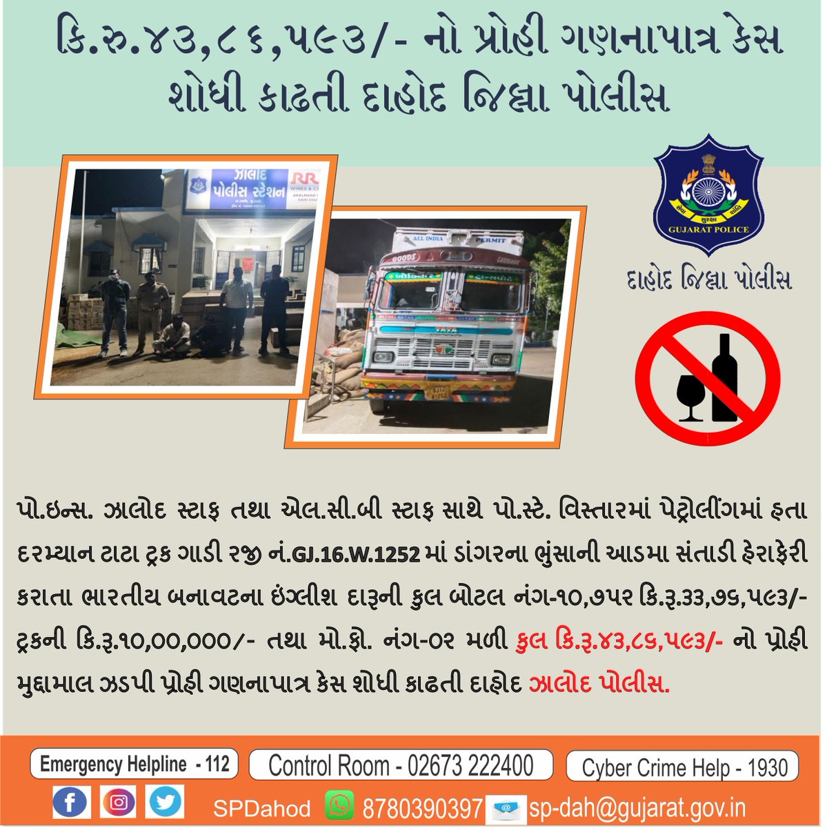 SP Dahod (@sp_dahod) on Twitter photo ઠુંઠી કંકાસીયા ચોકડી પાસેથી ટાટા ટ્રક ગાડીમાં ડાંગરના ભુંસાની આડમા સંતાડી હેરાફેરી કરાતા ઇંગ્લીશ દારૂની કુલ બો.નંગ-૧૦,૭૫૨ કિ.રૂ.૩૩,૭૬,૫૯૩/- ટ્રક તથા મો.ફો.નંગ-૦૨ મળી કુલ કિ.રૂ.૪૩,૮૬,૫૯૩/- નો પ્રોહી મુદ્દામાલ ઝડપી પ્રોહી ગણનાપાત્ર કેસ શોધી કાઢતી ઝાલોદ પોલીસ.<a href="/sanghaviharsh/">Harsh Sanghavi</a> ઠુંઠી કંકાસીયા ચોકડી પાસેથી ટાટા ટ્રક ગાડીમાં ડાંગરના ભુંસાની આડમા સંતાડી હેરાફેરી કરાતા ઇંગ્લીશ દારૂની કુલ બો.નંગ-૧૦,૭૫૨ કિ.રૂ.૩૩,૭૬,૫૯૩/- ટ્રક તથા મો.ફો.નંગ-૦૨ મળી કુલ કિ.રૂ.૪૩,૮૬,૫૯૩/- નો પ્રોહી મુદ્દામાલ ઝડપી પ્રોહી ગણનાપાત્ર કેસ શોધી કાઢતી ઝાલોદ પોલીસ.<a href="/sanghaviharsh/">Harsh Sanghavi</a>