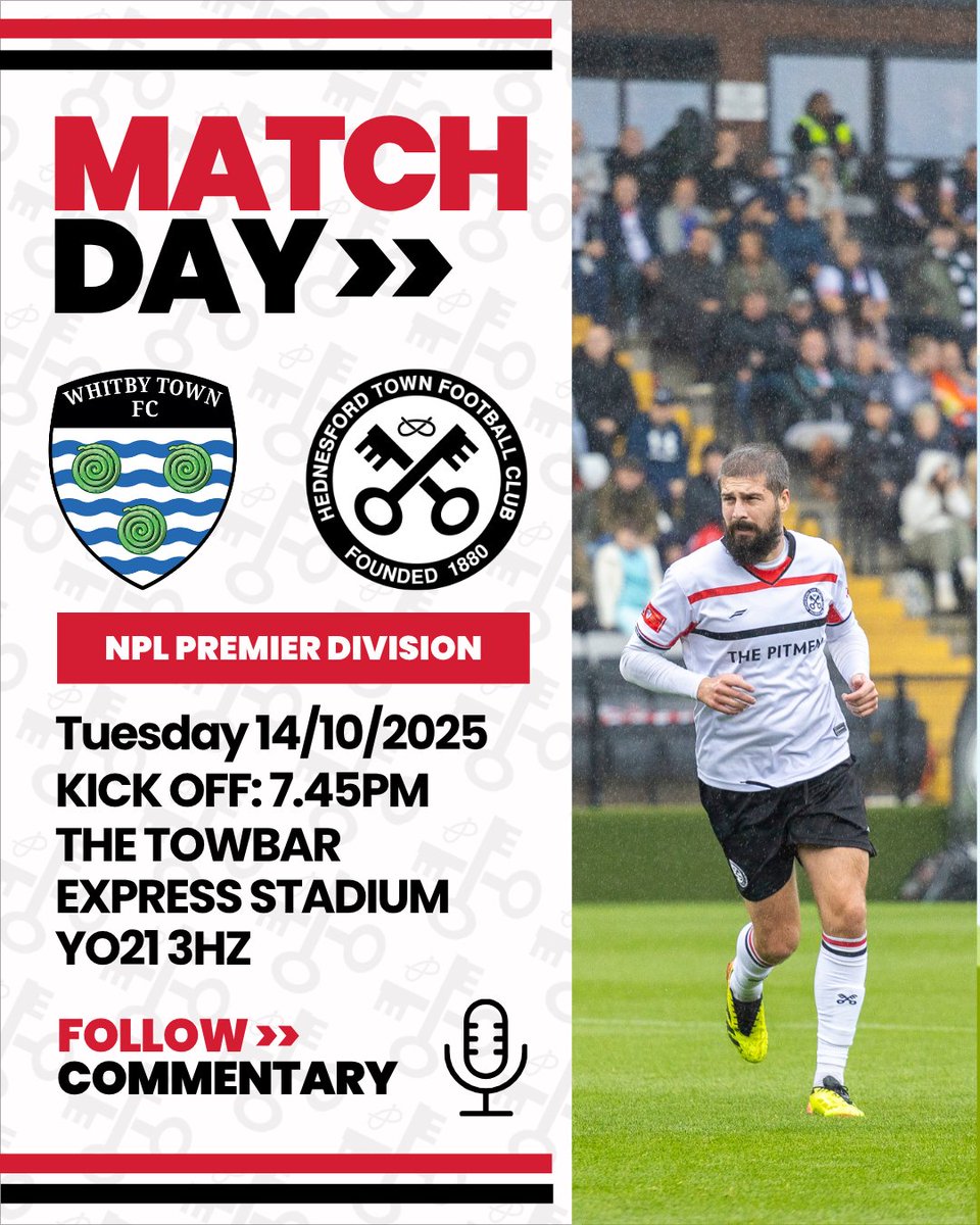 Hednesford_Town's tweet image. The Pitmen are back on the road tonight to face Whitby Town in the NPL Premier Division.

⏰ Kick off: 7.45pm
📍 The Towbar Express Stadium, Whitby

(1/2)