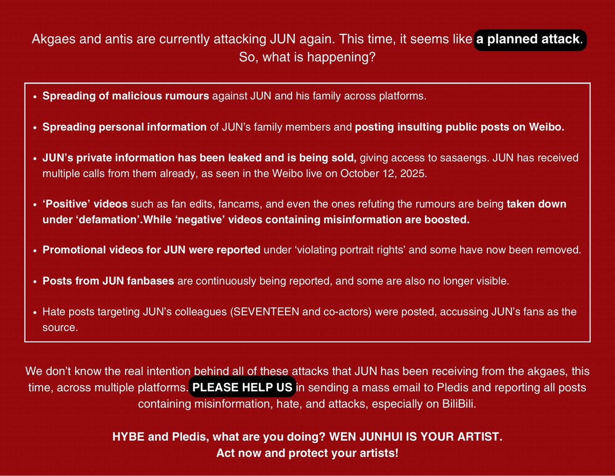 DO YOUR JOB AND PROTECT YOUR ARTIST. STOP POSTING EMPTY STATEMENTS AND START TAKING REAL ACTION. FANS SHOULDN'T HAVE TO PROTEST JUST TO MAKE YOU MOVE. ENOUGH IS ENOUGH.

PLEDIS PROTECT JUNHUI
#XCSSTreatJunhuiFairly
#JUN #준 #文俊辉
<a href="/pledis_17/">세븐틴(SEVENTEEN)</a> <a href="/pledis17_STAFF/">SEVENTEEN STAFF</a>