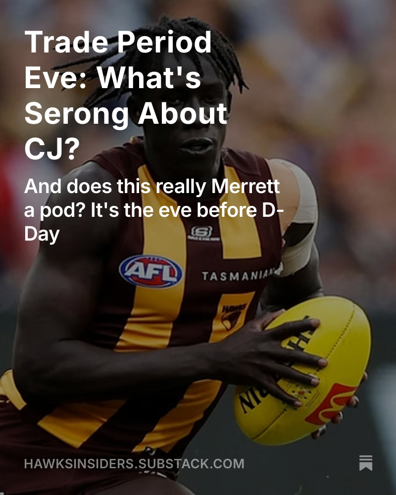 HawksInsiders's tweet image. Does this really Merrett a pod? Of course it does! It's the silly season and there's loads to discuss:

🗣️Zach Merrett, will it happen?
🗣️Jai Serong and his worth.
🗣️Thank you CJ (can someone check on @darren_levin?)
🗣️Why do the Bombers hate us?
🗣️Mitch Lewis, will he be moved?…