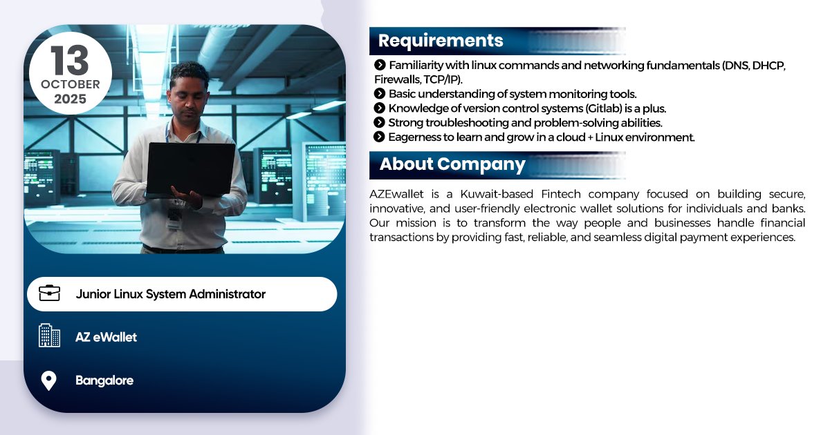 linuxgroup's tweet image. Junior Linux System Administrator #1networksupportengineer #Jobsearch #JobAlert #jobvacency #ipsrjobs #jobs2025 #ipsr #25yearsofipsr #careeropportunity #ltjobs #MNCJobs #techcelerating_careers #devops #AWS
@ipsr_solutions