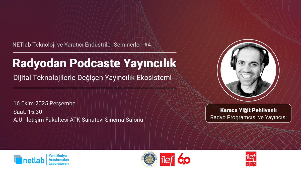 İLEF'in 60. kuruluş yıldönümü kapsamında düzenlediğimiz seminerde Radyo Programcısı ve Yayıncısı Karaca Yiğit Pehlivanlı ile "Radyodan Podcaste Yayıncılık" konuşacağız.  Hepinizi bekeriz 🤗 
📌16 Ekim Perşembe, saat 15.30, <a href="/ilefsocial/">ilef - Ankara Üniversitesi</a>, ATK Sanatevi