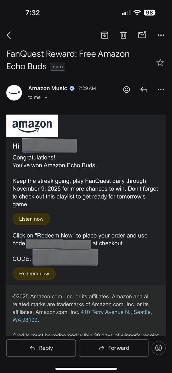 LinkLegendRuss's tweet photo. @LordOfSavings I just did it this morning and yes, I got the dumb concert tickets or whatever but the bonus question gave me a promo code for Amazon Echo Buds. https://t.co/FOvlyPWi1r