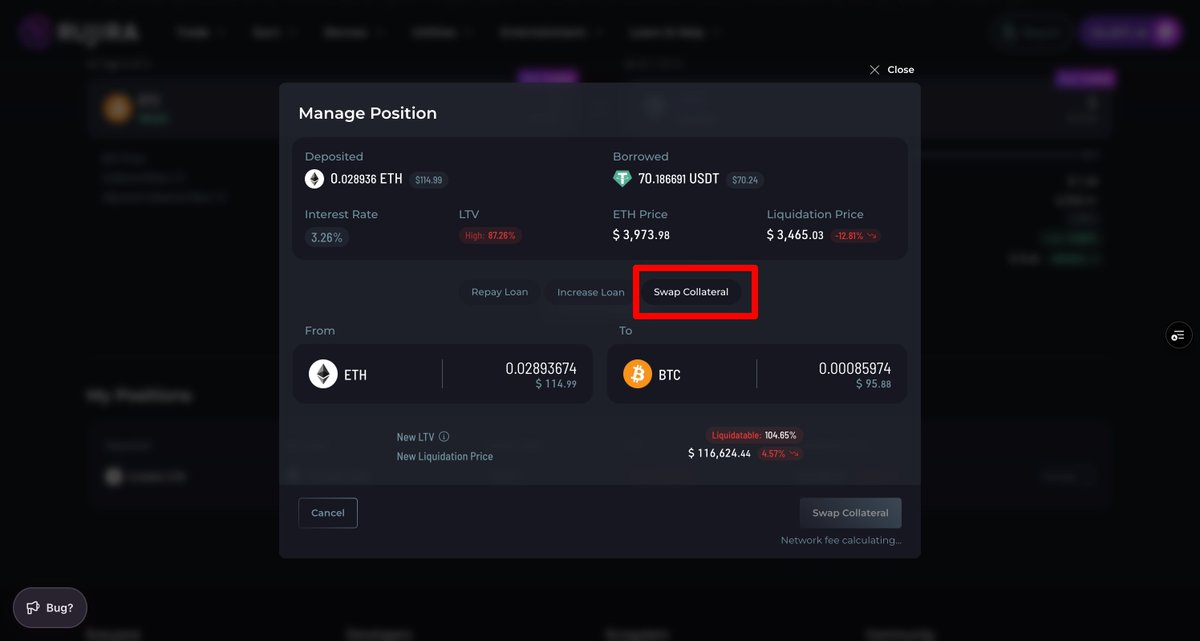Been testing lend, borrow and liquidations on stagenet for the past few days

Most recently, swapping collateral from $BTC to $ETH and vice versa

Works like a charm, and it's such a powerful feature

Personally, I think there is a massive market for this, letting <a href="/RujiraNetwork/">Rujira</a>