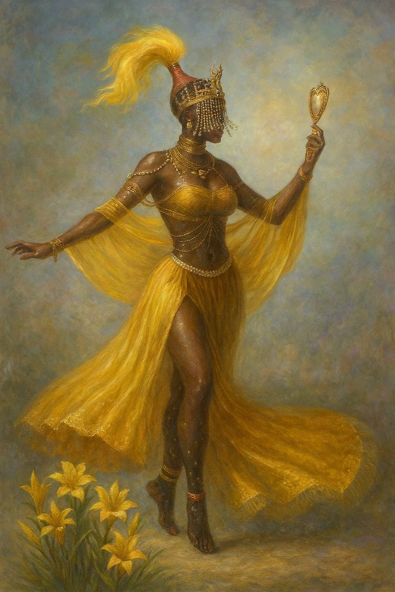 Oxum venceu guerras sem espada, só com espelho e perfume.
Ela lembra que poder não é gritar, é saber o próprio valor e usar o silêncio. 💛