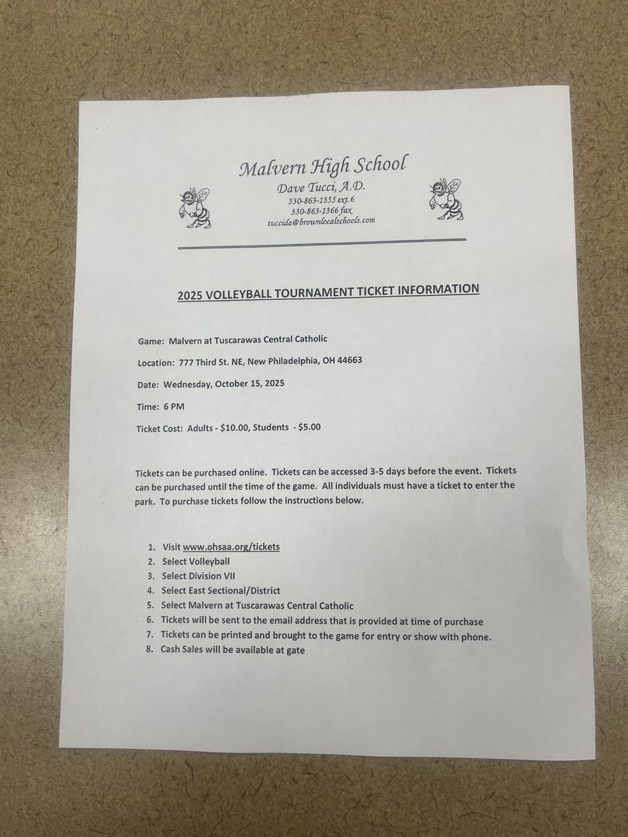 Malvern at TCC Volleyball District Ticket Information